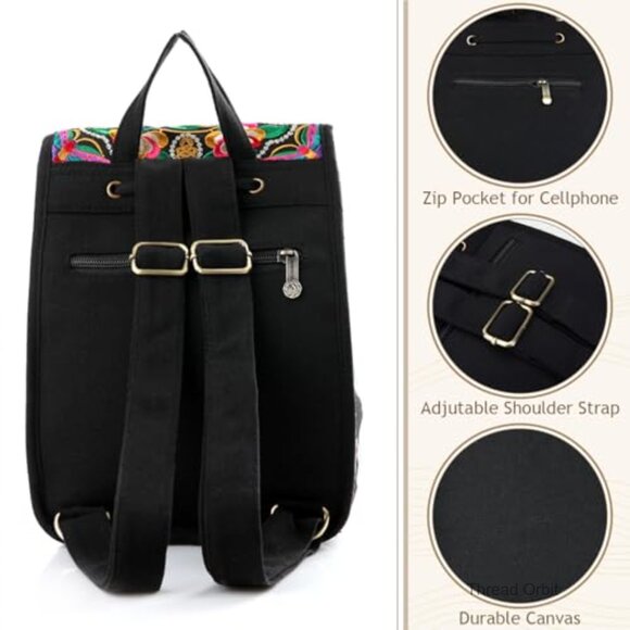 Floral Embroidery Canvas Backpack Small Daypack Drawstring Shoulder Bag main image 5
